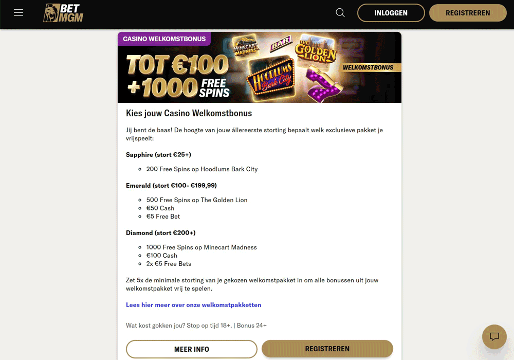 BetMGM Casino welkomstbonus: tot 1.000 free spins en €100 cash