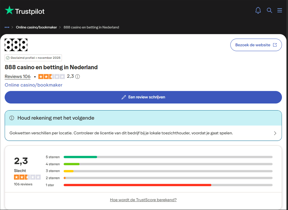 Wat zeggen spelers op Trustpilot over 888 Casino?