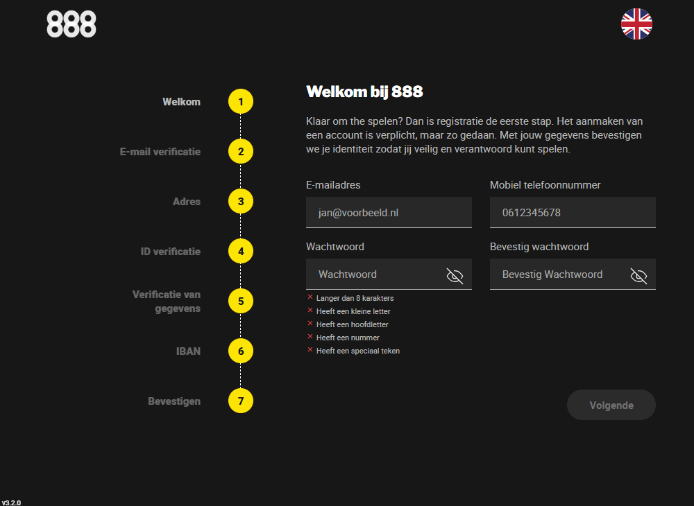 Registreren bij 888 Casino