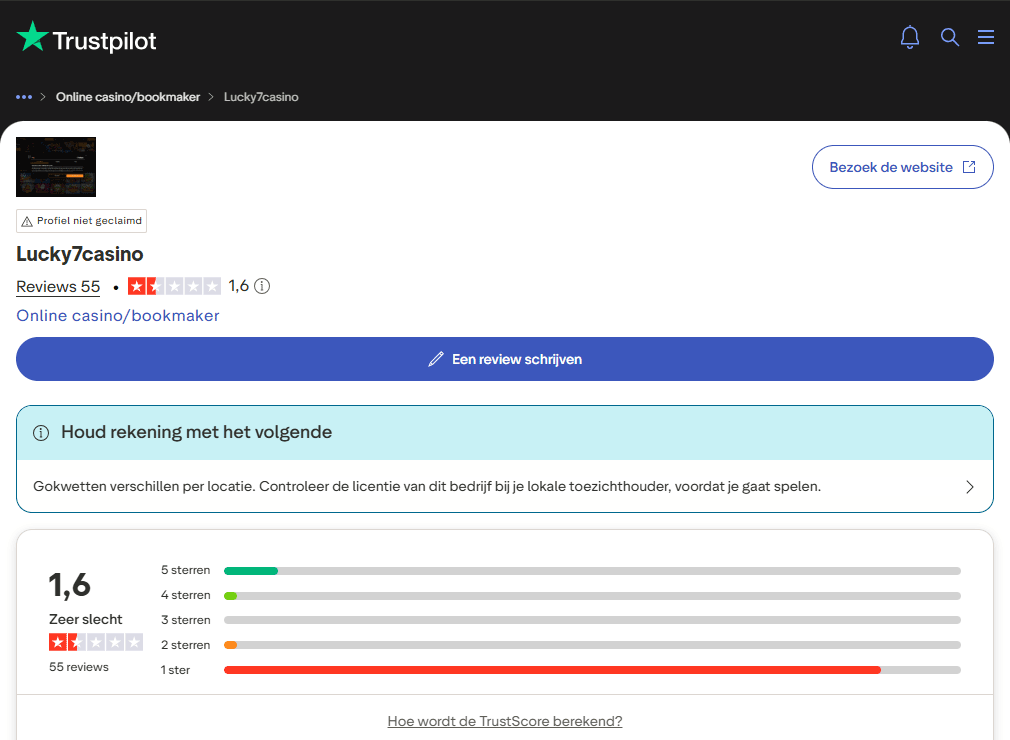 De Trustpilot-score van Lucky7Casino - een erg lage score
