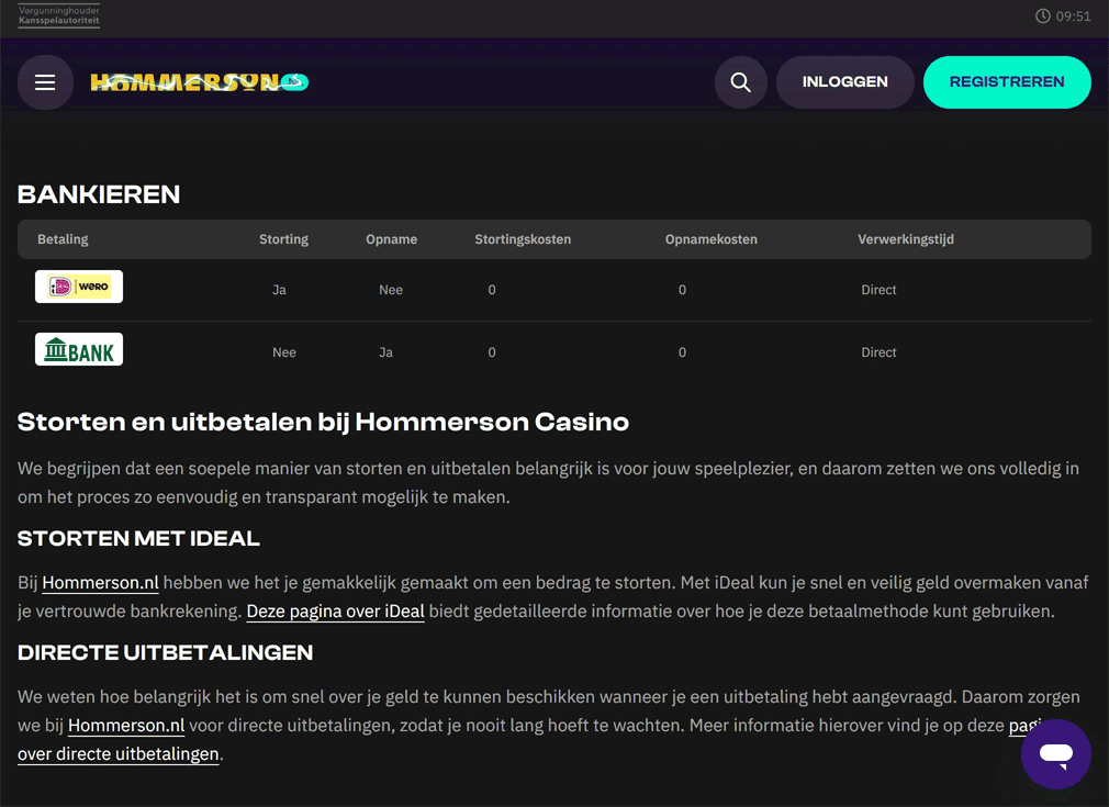 Storten en uitbetalen bij Hommerson Casino