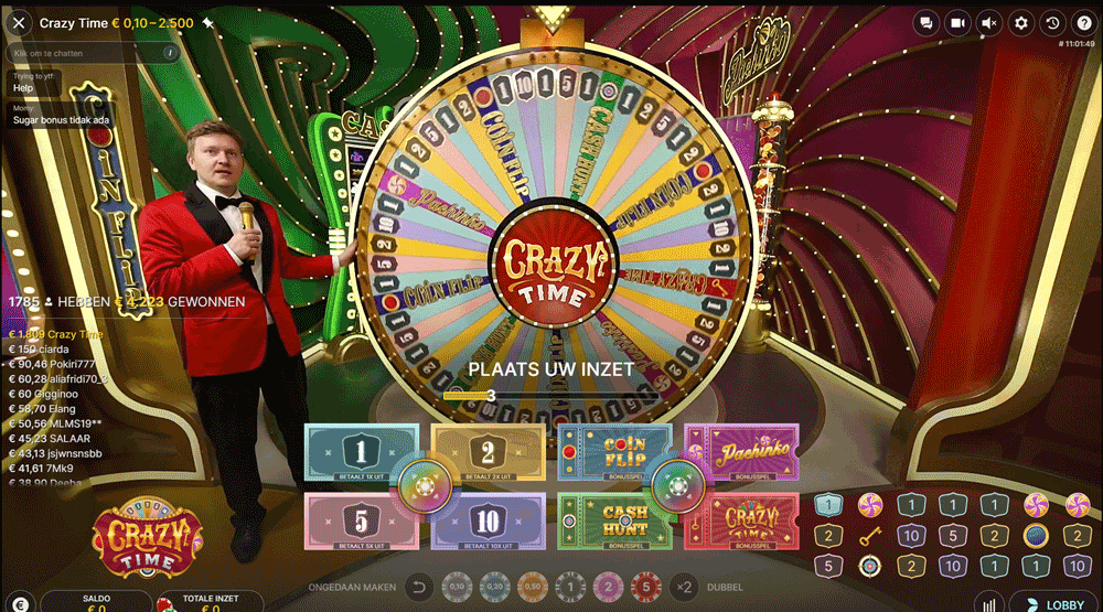 Geld inzetten tijdens Crazy Time spel show