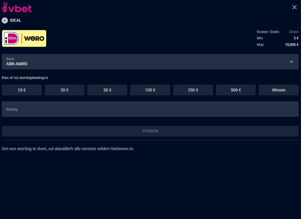 Storten en uitbetalen bij VBET Casino