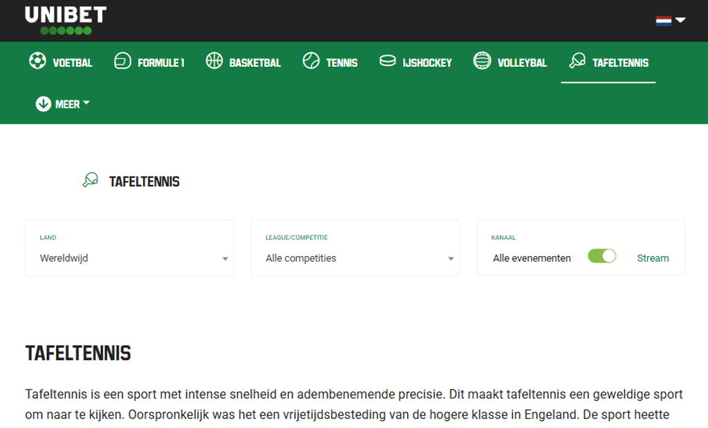 Tafeltennis kijken via Unibet