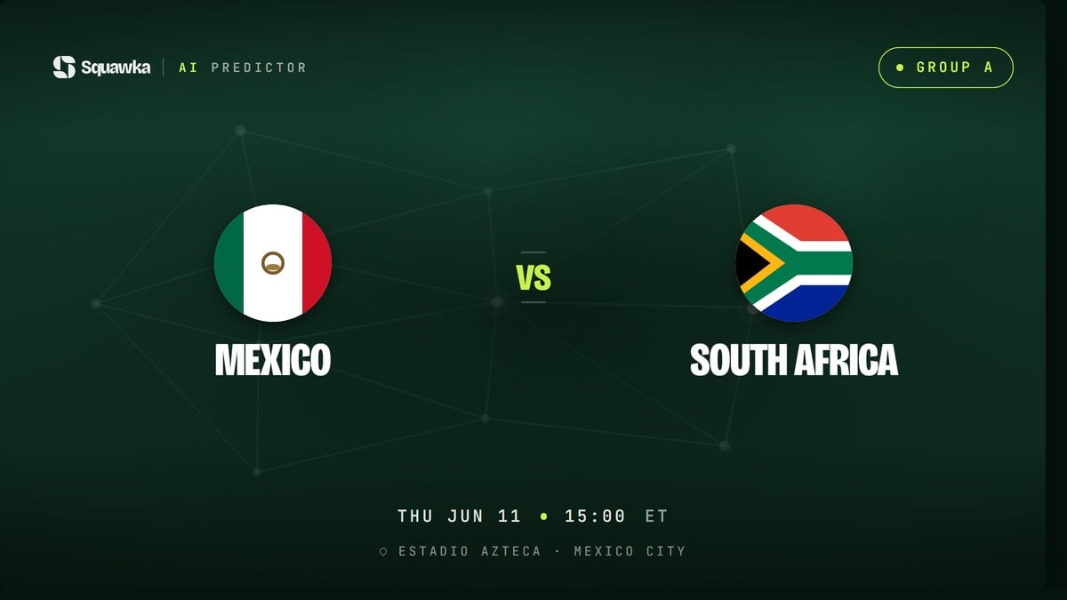 Squawka AI Predictor match card: Mexico vs South Africa, World Cup 2026 Group A, Estadio Azteca