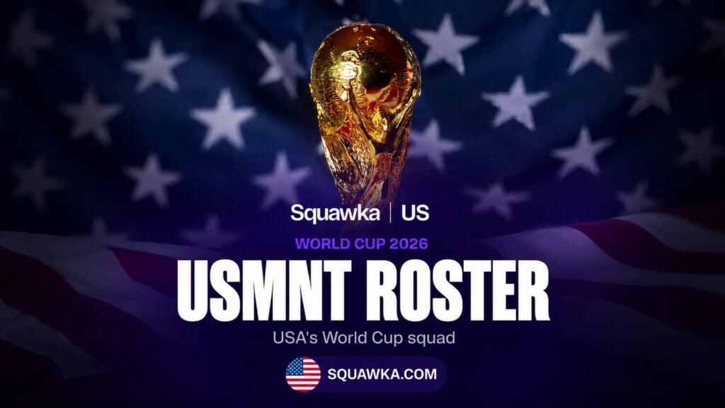 The World Cup trophy on a USA flag backdrop representing the USMNT World Cup 2026 roster