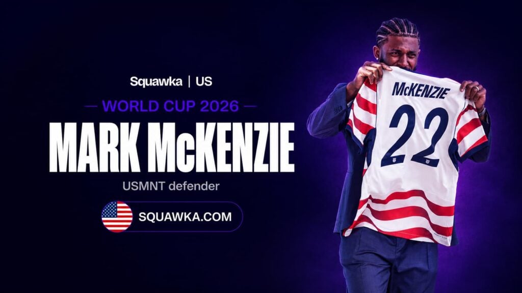Mark McKenzie holding a USMNT number 22 shirt at a World Cup 2026 squad reveal