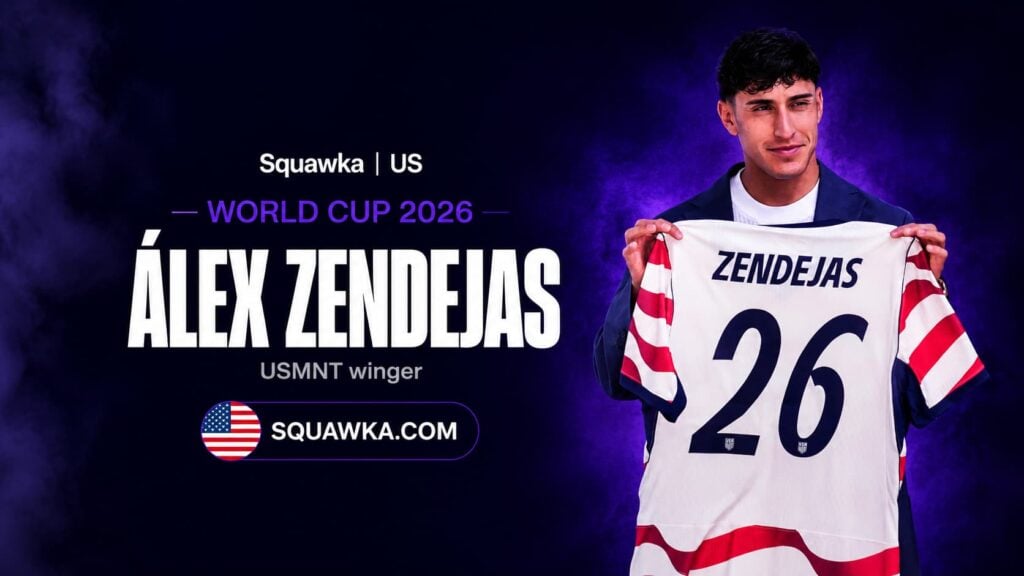 Alex Zendejas holding a USMNT number 26 shirt at a World Cup 2026 squad reveal