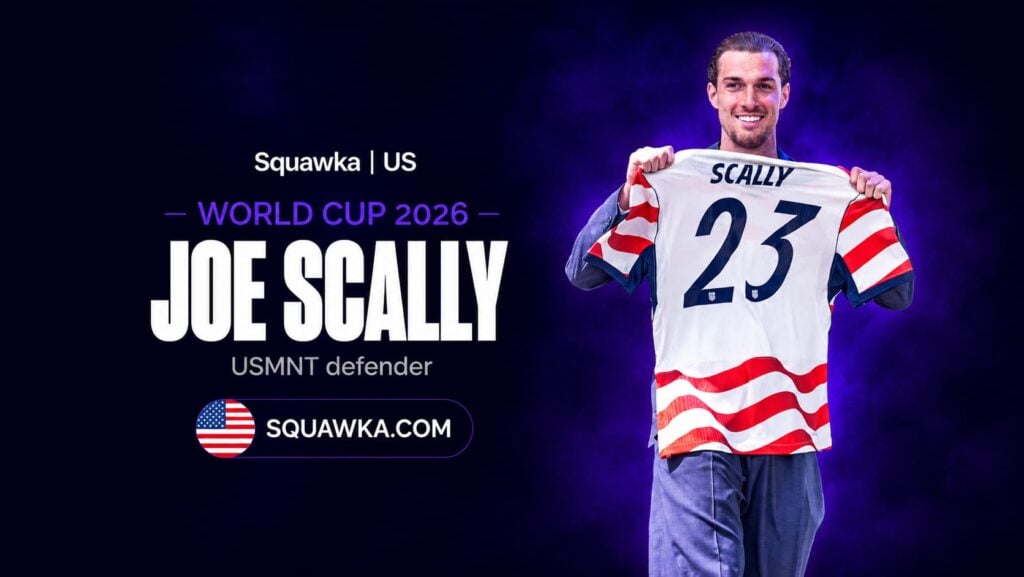 Joe Scally holding a USMNT number 23 shirt at a World Cup 2026 squad reveal