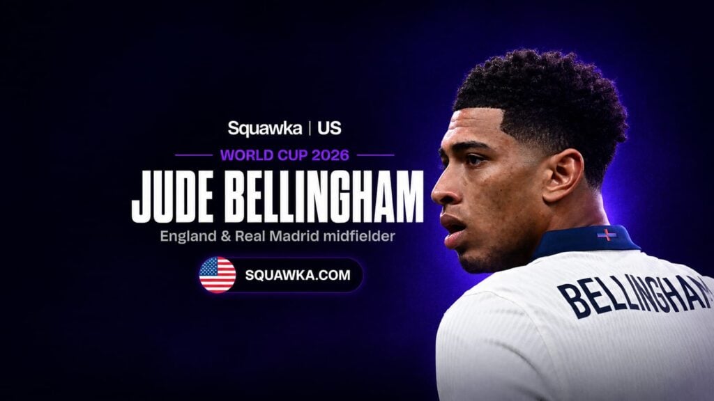 Jude Bellingham, England and Real Madrid midfielder, on a Squawka World Cup 2026 graphic