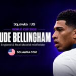 Jude Bellingham, England and Real Madrid midfielder, on a Squawka World Cup 2026 graphic