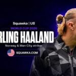 Erling Haaland, Norway and Manchester City striker, on a Squawka World Cup 2026 graphic