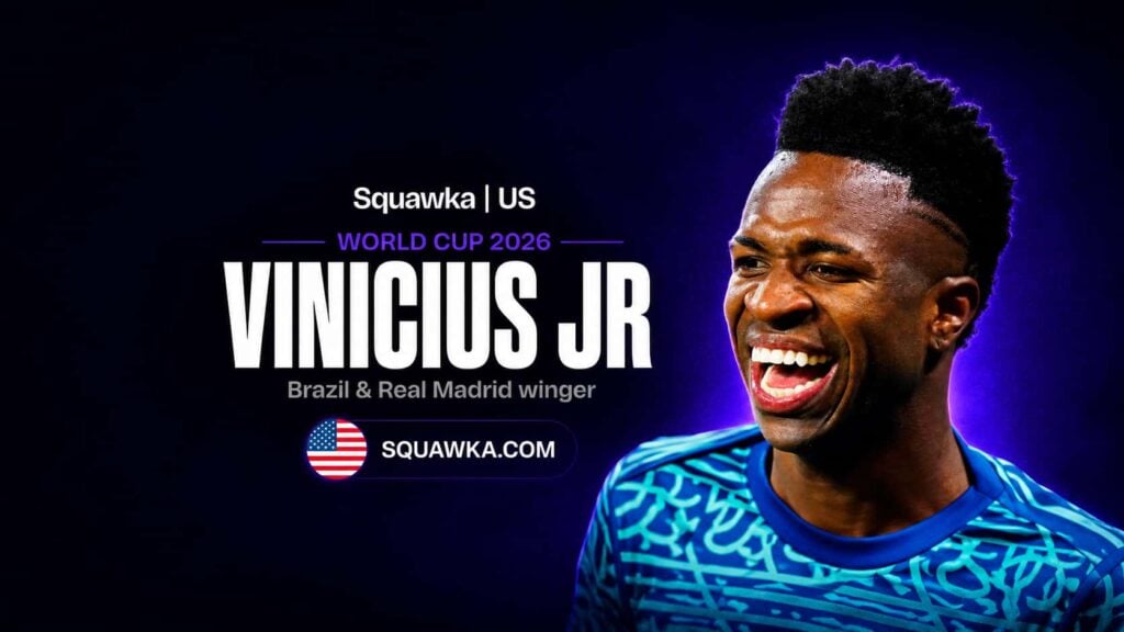 Vinicius Jr, Brazil and Real Madrid winger, on a Squawka World Cup 2026 graphic