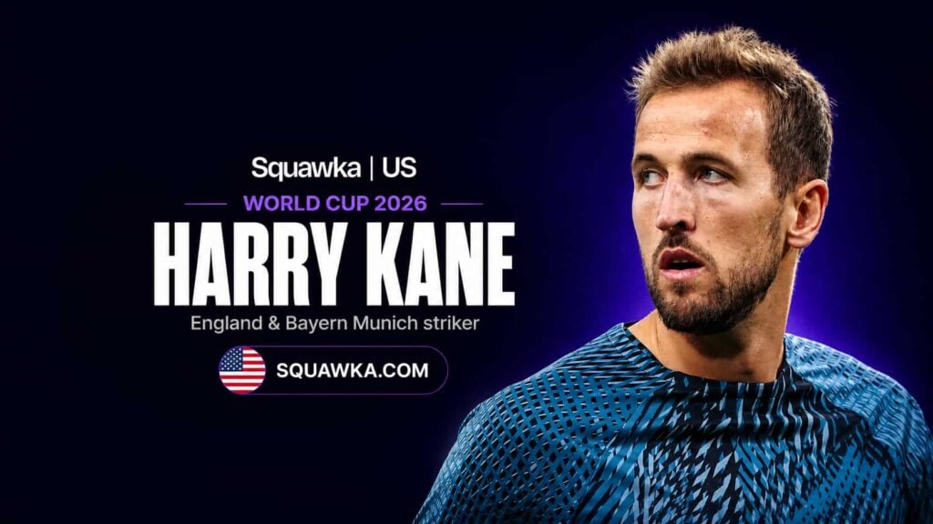 Harry Kane, England and Bayern Munich striker, on a Squawka World Cup 2026 graphic