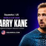 Harry Kane, England and Bayern Munich striker, on a Squawka World Cup 2026 graphic