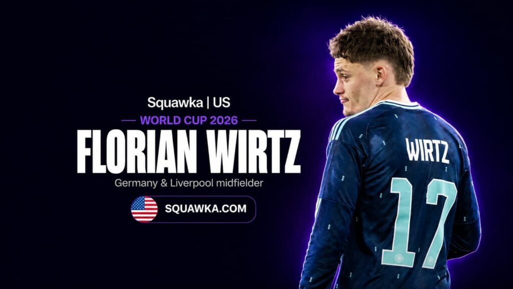 Florian Wirtz, Germany and Liverpool midfielder, on a Squawka World Cup 2026 graphic