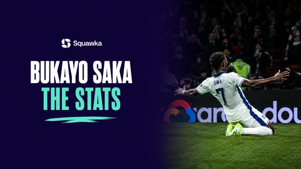 Bukayo Saka celebrates a goal for England