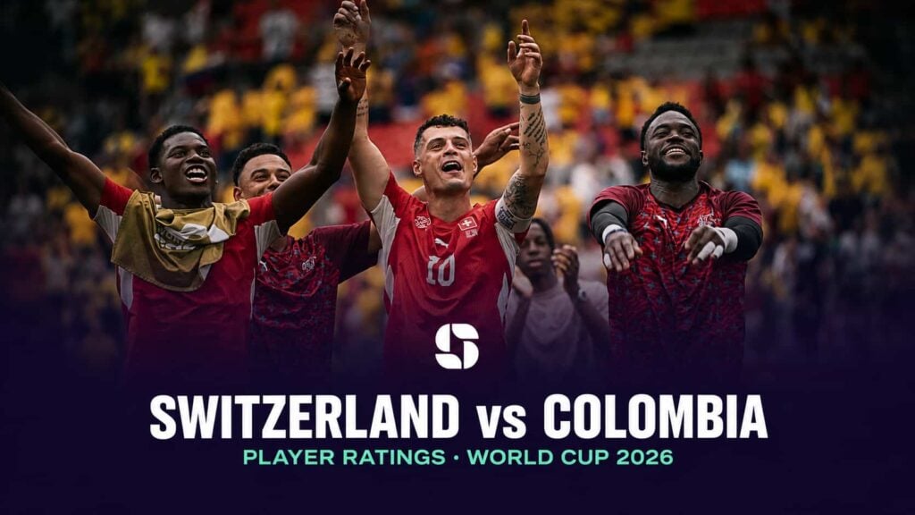Switzerland players celebrate after beating Colombia on penalties to reach the World Cup 2026 quarter-finals.