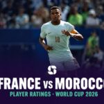 Kylian Mbappé of France in the pale-mint away kit during the World Cup 2026 quarter-final against Morocco.