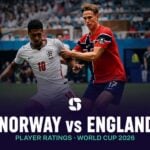 An England player celebrates during the World Cup 2026 quarter-final win over Norway.