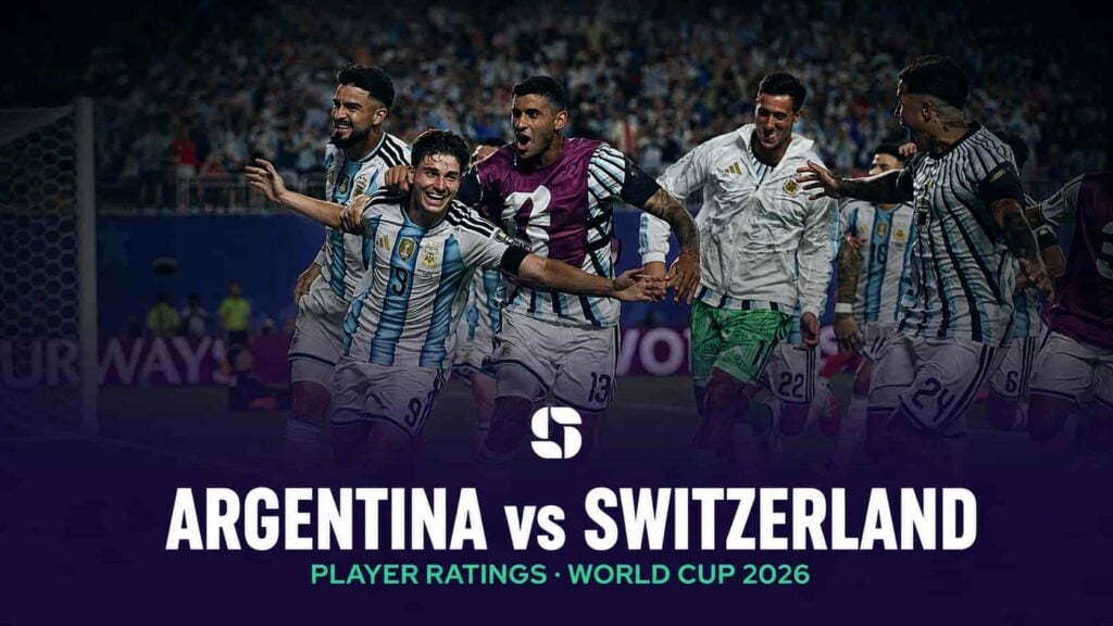 Argentina's Julián Álvarez celebrates with team-mates during the World Cup 2026 quarter-final against Switzerland.