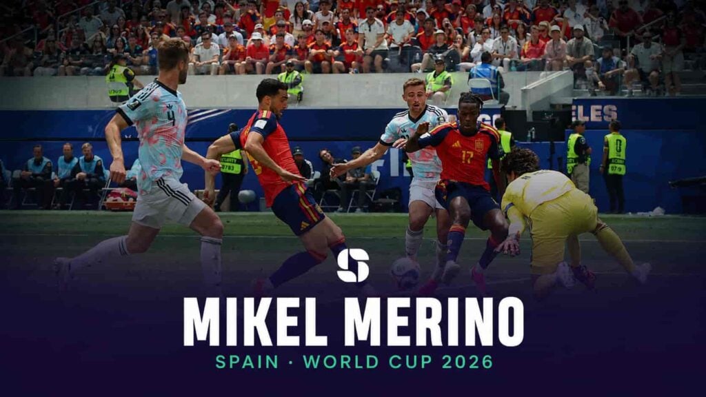 Spain's Mikel Merino gets a shot away in front of goal during a World Cup 2026 match.