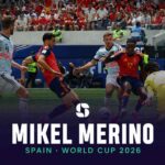 Spain's Mikel Merino gets a shot away in front of goal during a World Cup 2026 match.