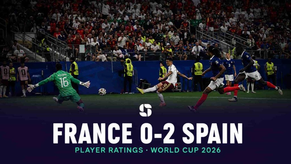 Spain celebrate beating France 2-0 to reach the World Cup 2026 final.