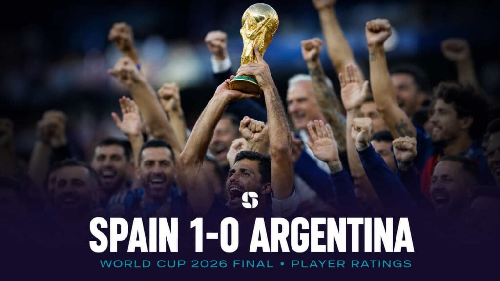 A Spain player lifts the World Cup 2026 trophy after victory over Argentina in the final.