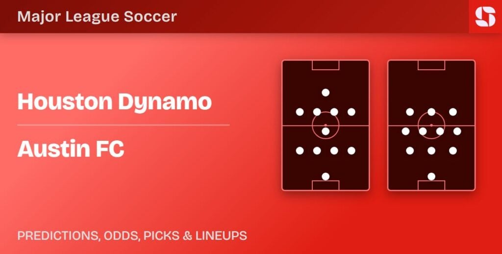Houston Dynamo vs Austin FC prediction preview banner with predicted MLS lineups at Shell Energy Stadium