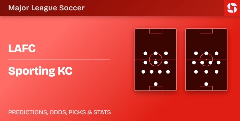LAFC vs Sporting KC prediction banner showing both starting formations for the MLS clash at BMO Stadium
