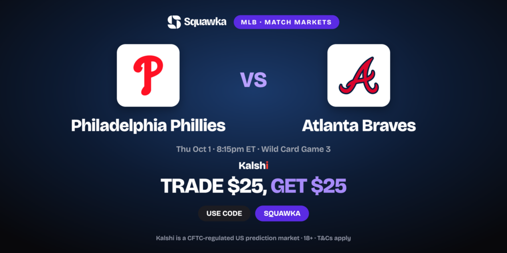 Philadelphia Phillies vs Atlanta Braves crests, NL Wild Card Game 3 Kalshi promo