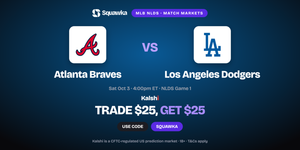 Braves vs Dodgers crests, MLB Division Series Game 1 Kalshi promo