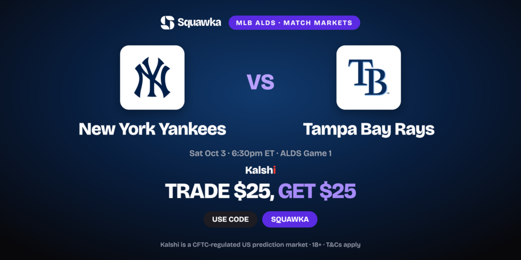 Yankees vs Rays crests, MLB Division Series Game 1 Kalshi promo