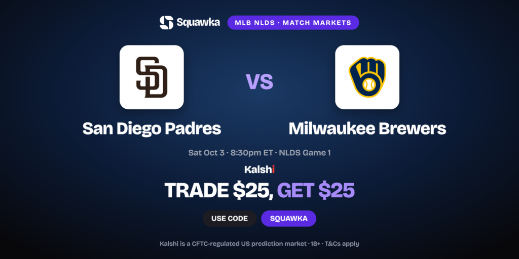 Padres vs Brewers crests, MLB Division Series Game 1 Kalshi promo