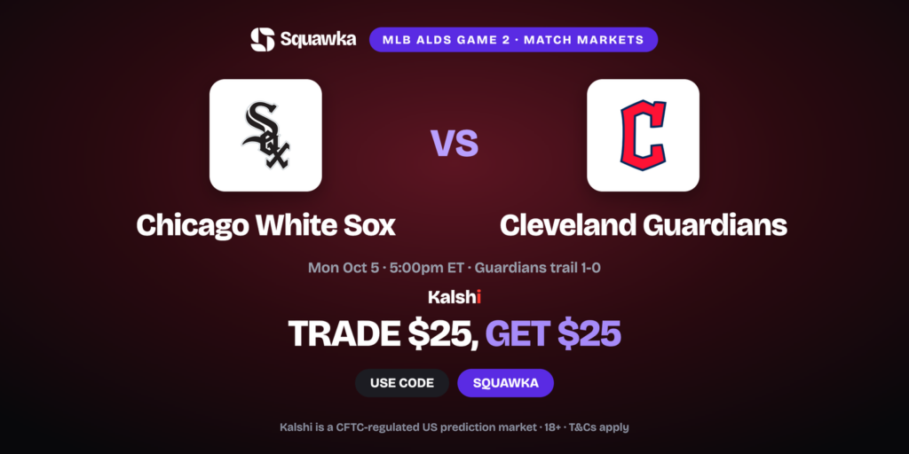 White Sox vs Guardians crests, ALDS Game 2 Kalshi promo