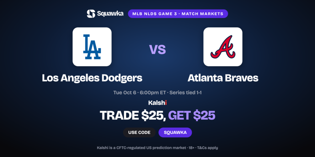 Dodgers vs Braves crests, NLDS Game 3 Kalshi promo