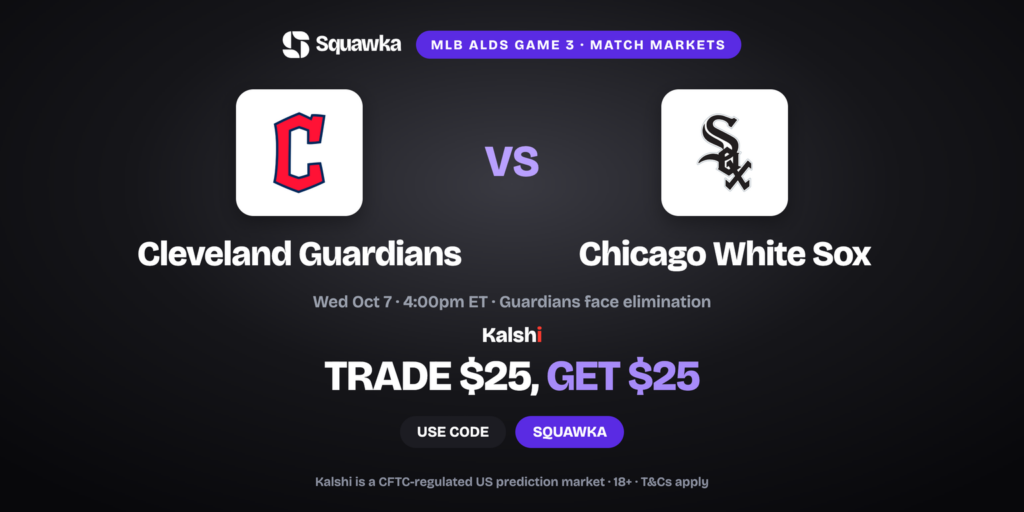 Guardians vs White Sox crests, ALDS Game 3 Kalshi promo