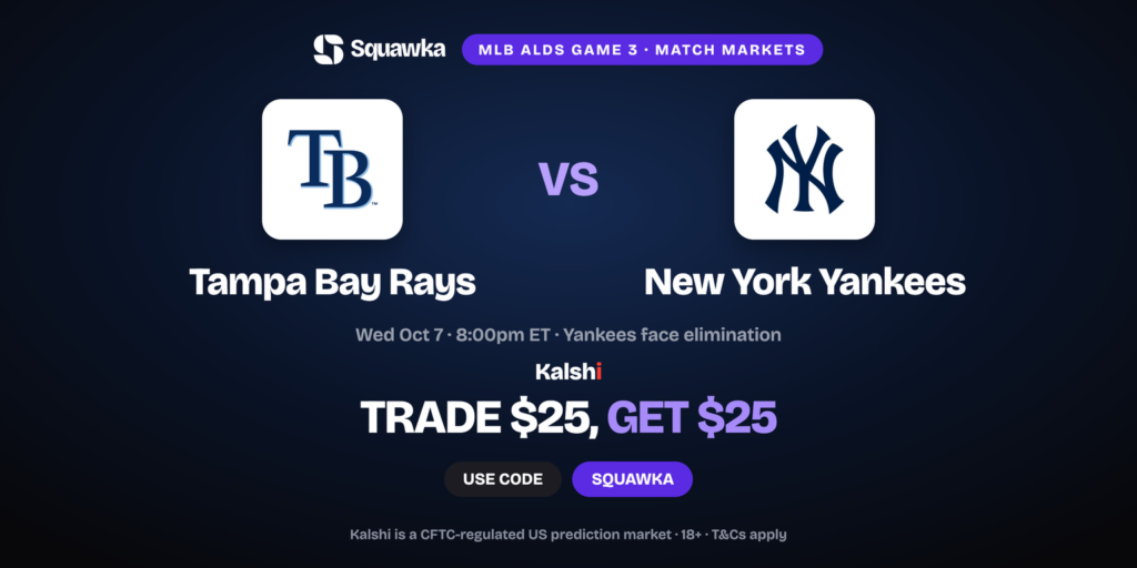 Rays vs Yankees crests, ALDS Game 3 Kalshi promo