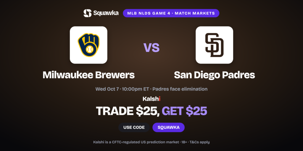 Brewers vs Padres crests, NLDS Game 4 Kalshi promo