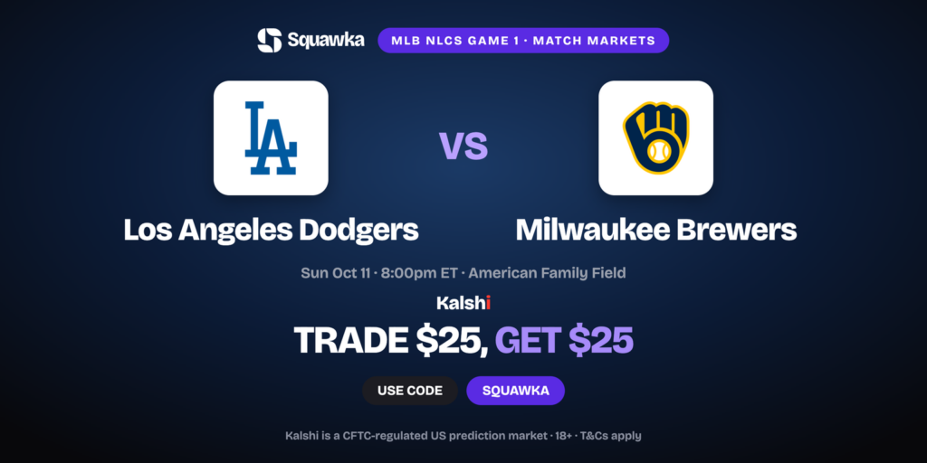 Los Angeles Dodgers vs Milwaukee Brewers crests, NLCS Game 1 Kalshi promo