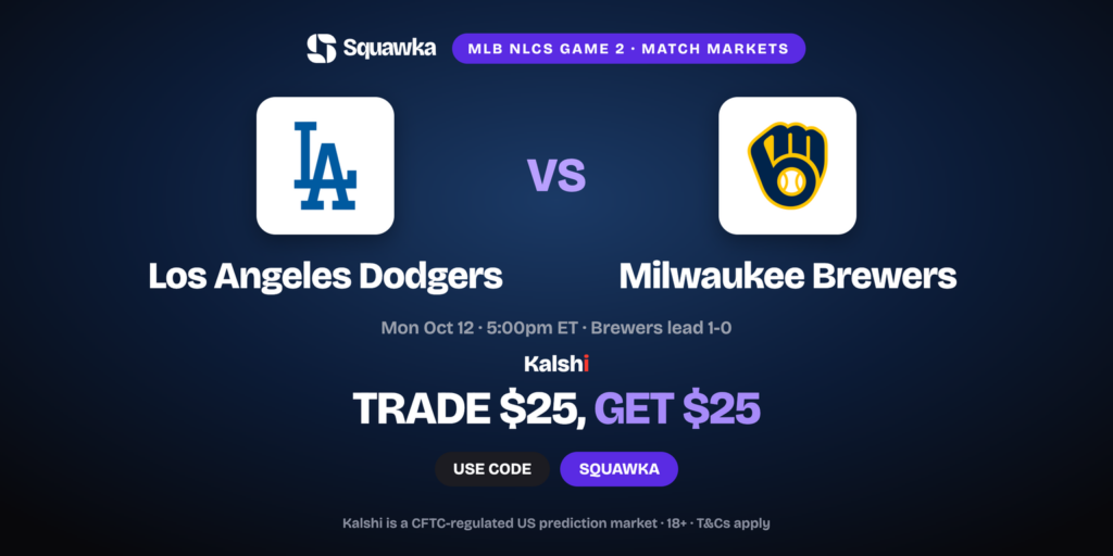 Dodgers vs Brewers crests, NLCS Game 2 Kalshi promo