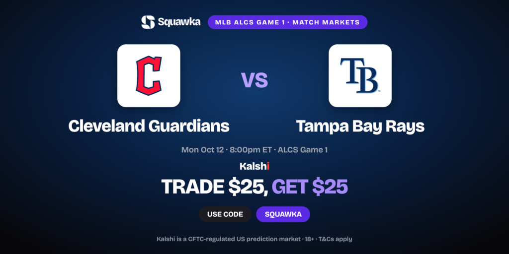 Guardians vs Rays crests, ALCS Game 1 Kalshi promo