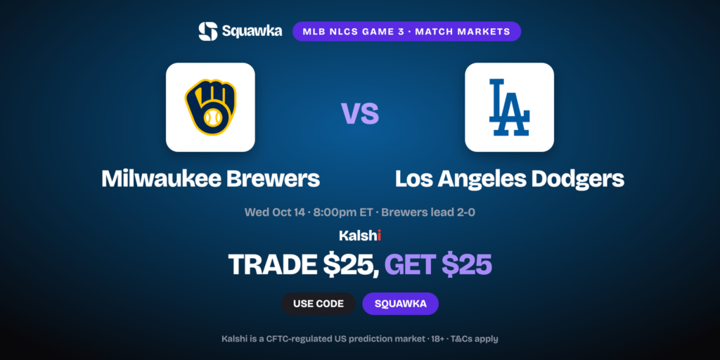 Milwaukee Brewers vs Los Angeles Dodgers crests, NLCS Game 3 Kalshi promo