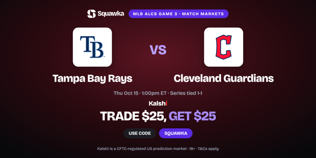 Rays vs Guardians crests, ALCS Game 3 Kalshi promo