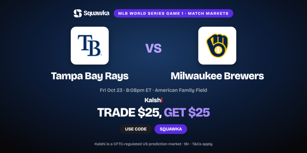 Tampa Bay Rays vs Milwaukee Brewers crests, World Series Game 1 Kalshi promo