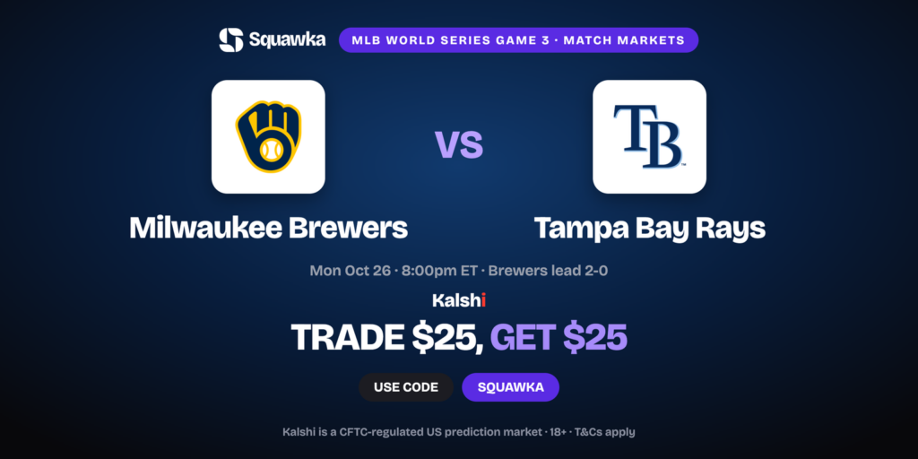 Milwaukee Brewers vs Tampa Bay Rays crests, World Series Game 3 Kalshi promo