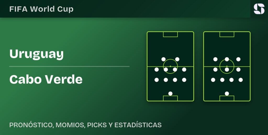 Gráfico de formación Uruguay vs Cabo Verde para el partido de la Jornada 2 del Grupo G del Mundial 2026 en Hard Rock Stadium de Miami.