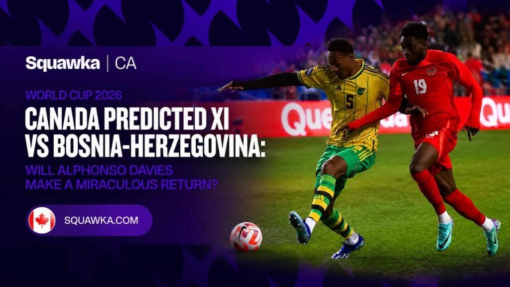 Alphonso Davies World Cup 2026 graphic: a Canada player battles a Jamaica opponent, headlined Canada predicted XI vs Bosnia-Herzegovina