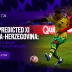 Alphonso Davies World Cup 2026 graphic: a Canada player battles a Jamaica opponent, headlined Canada predicted XI vs Bosnia-Herzegovina